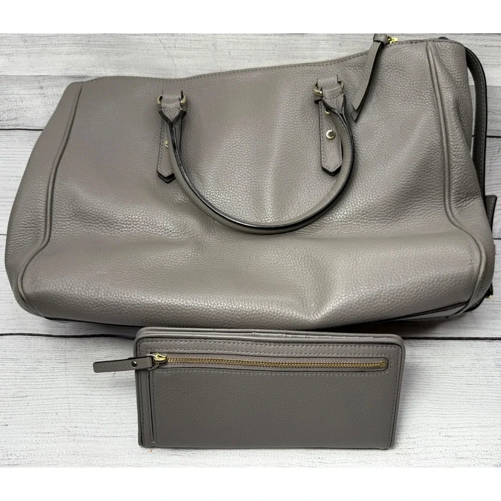 Kate Spade Pebble Leather Satchel‎ Shoulder Bag & Wallet Set Gray Purse